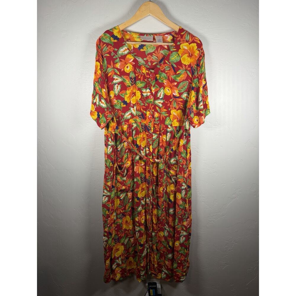Women’s Cabernet Vibrant Summer Floral Size 1X Button Blouse BeltTie Maxi Dress - Picture 5 of 11
